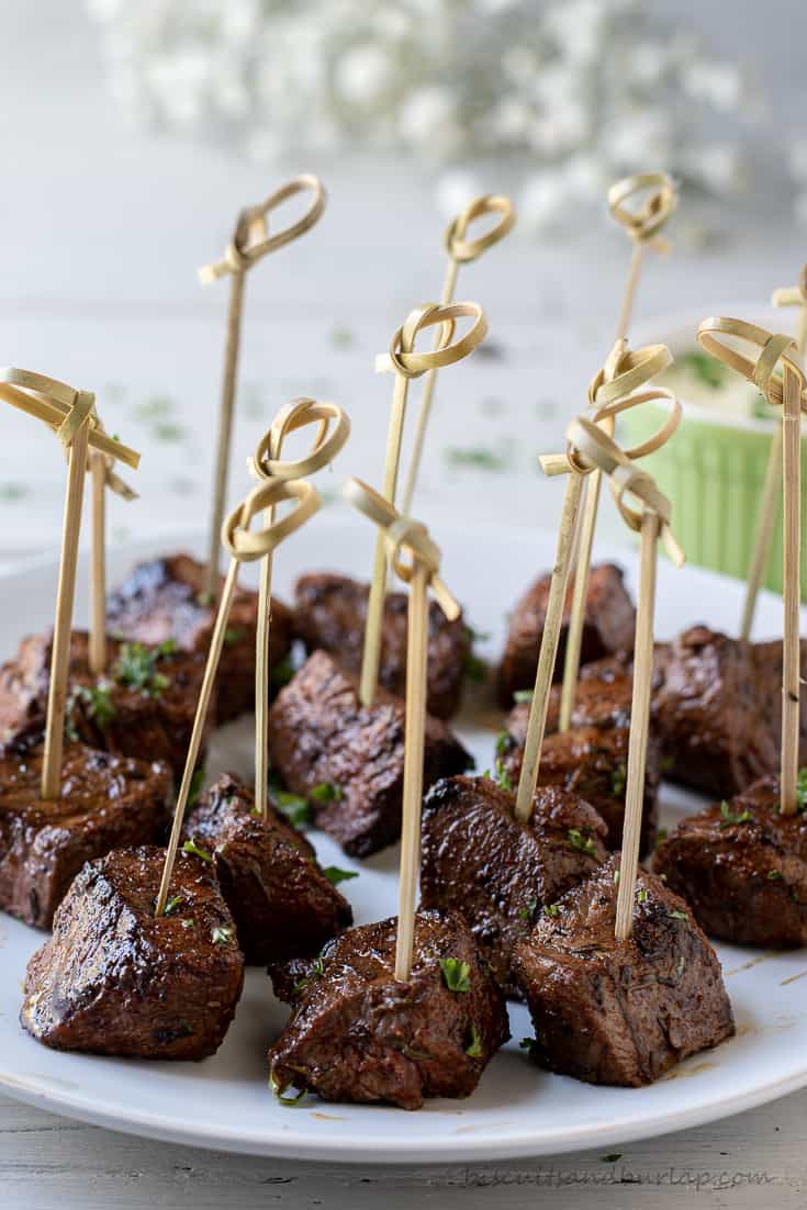 cajun steak bites with bamboo toothpicks.