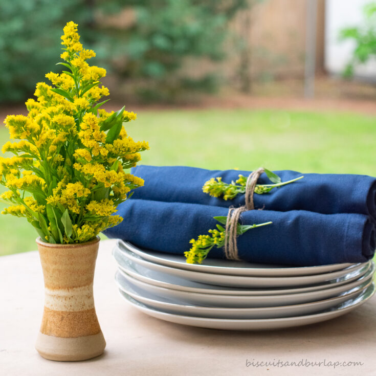 flowers with plates and napkins outside at backyard bbq