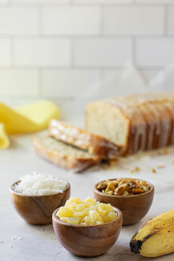 bowls of coconut, pineapple and pecans for hummingbird bread