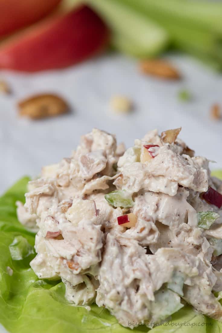 chicken salad with pecans and apples on lettuce