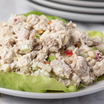 plate of chicken salad with pecans and apples