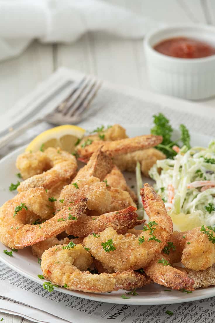 plate of air fried shrimp with cole slaw