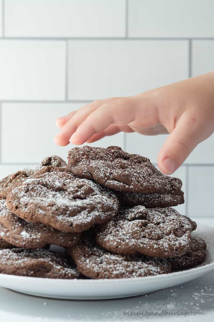 child's hand reaching for chocolate cookies