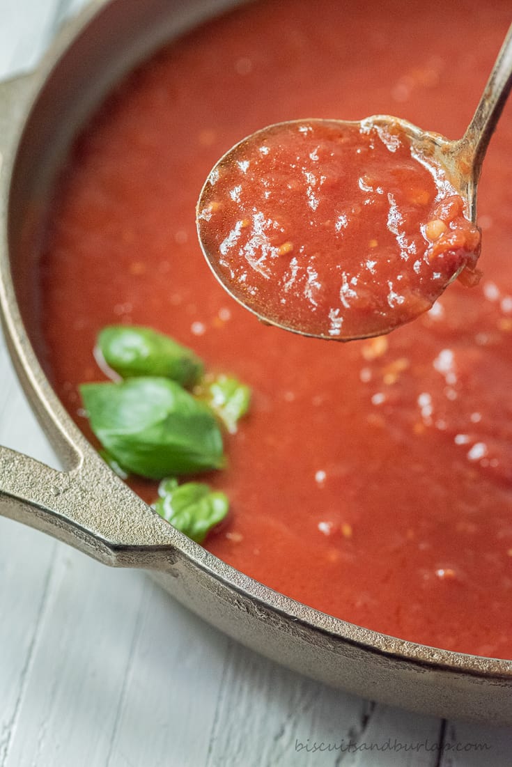 close up of ladle of san marzano tomato sauce