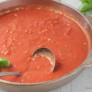 pan of san marzano sauce with ladle