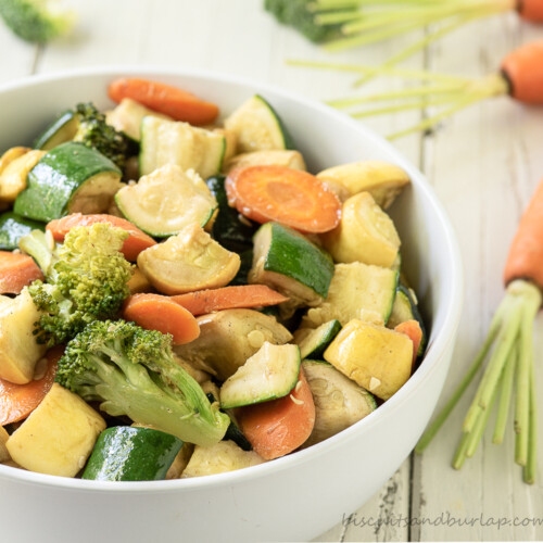 smoked vegetables in white bowl.