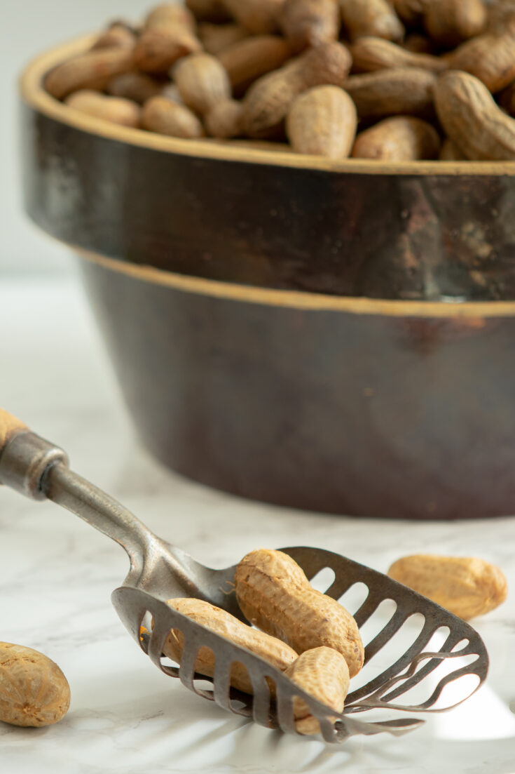 cajun boiled peanuts on spoon with bowl behind