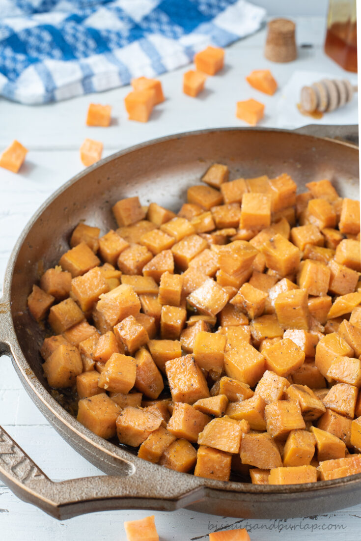 smoked sweet potatoes in skillet