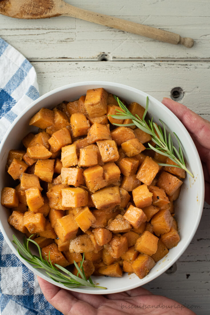 bowl of diced smoked sweet potatoes