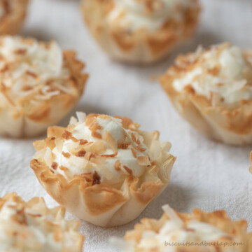 close up of mini tarts with toasted coconut