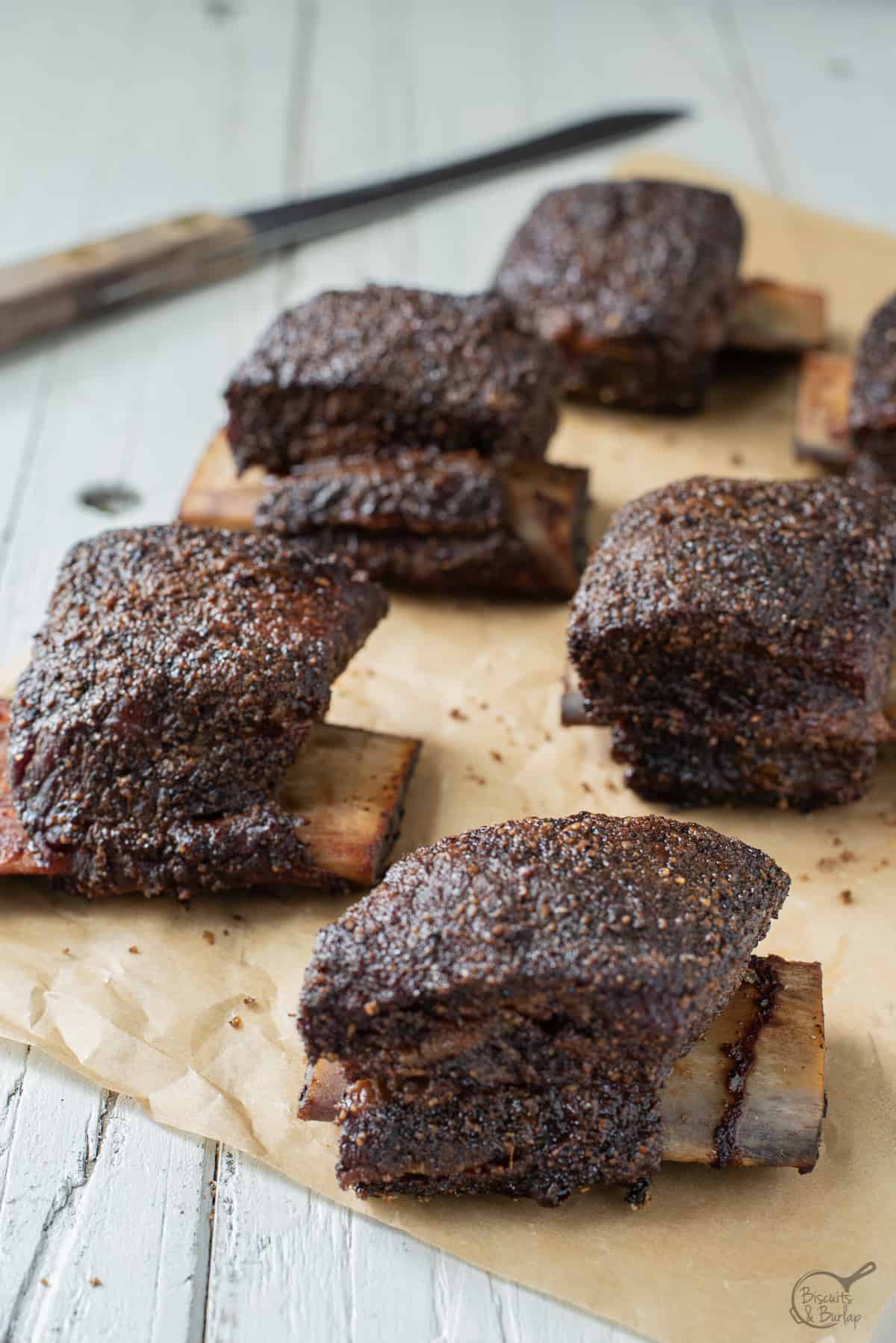 smoked beef short ribs on butcher paper