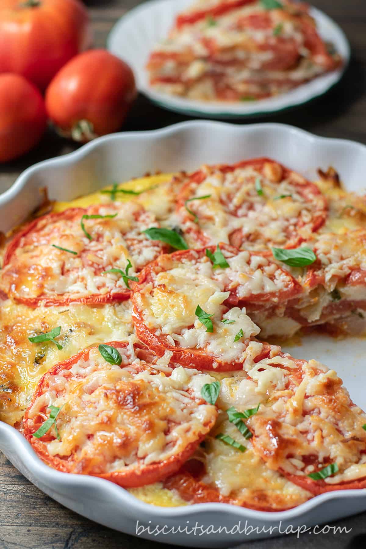 tomatoe pie in white dish