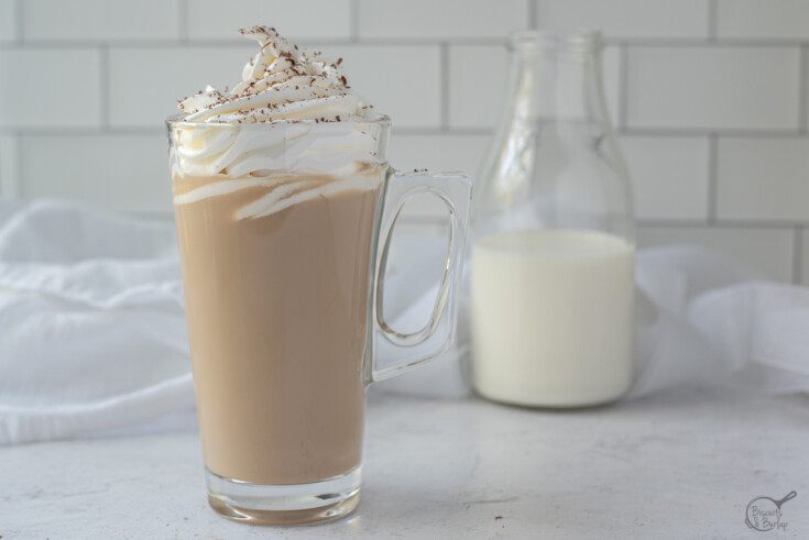 White Chocolate Mocha topped with whipped cream and chocolate shavings (Starbucks copycat)