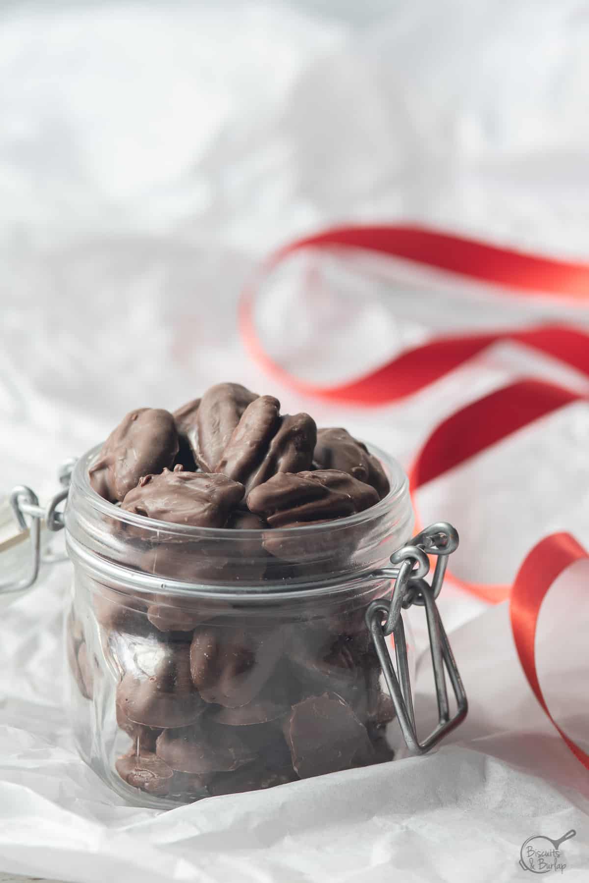 jar of chocolate dipped nuts with red ribbon