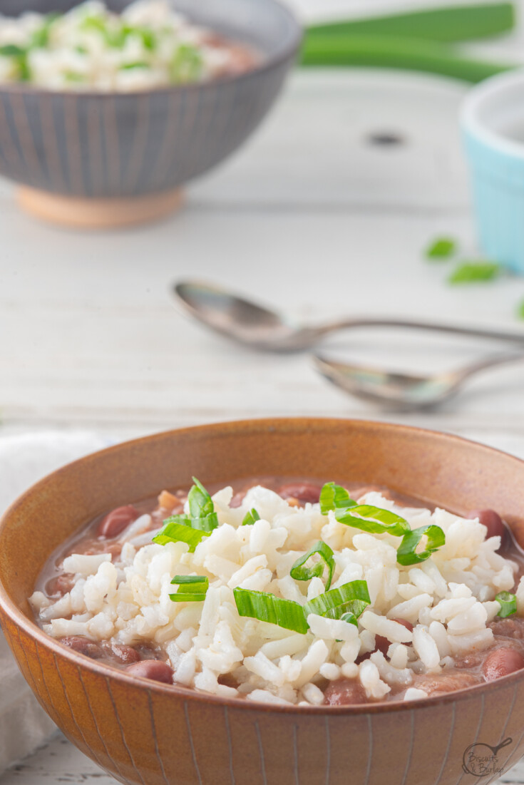 bowl of red beans and rice with another bowl behind.