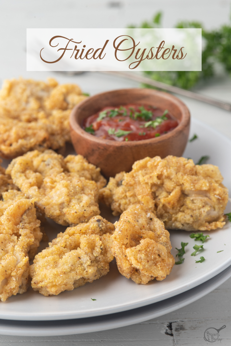 Fried oysters and cocktail sauce on white plate with title