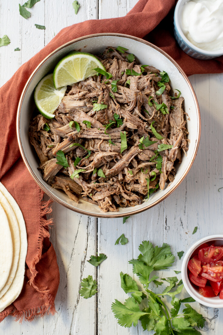 bowl of shredded beef with cilantro, tomatoes and sour cream.