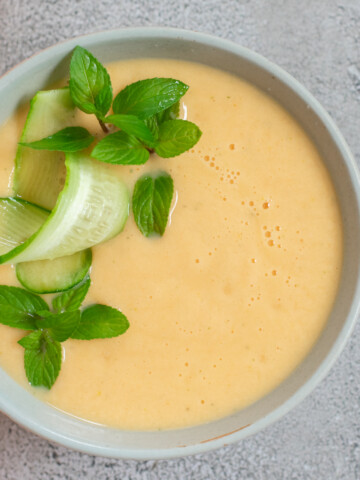 overhead shot of chilled peach soup