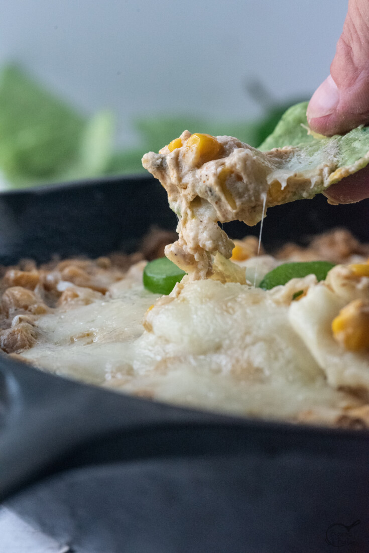 tortilla chip dipping into corn dip