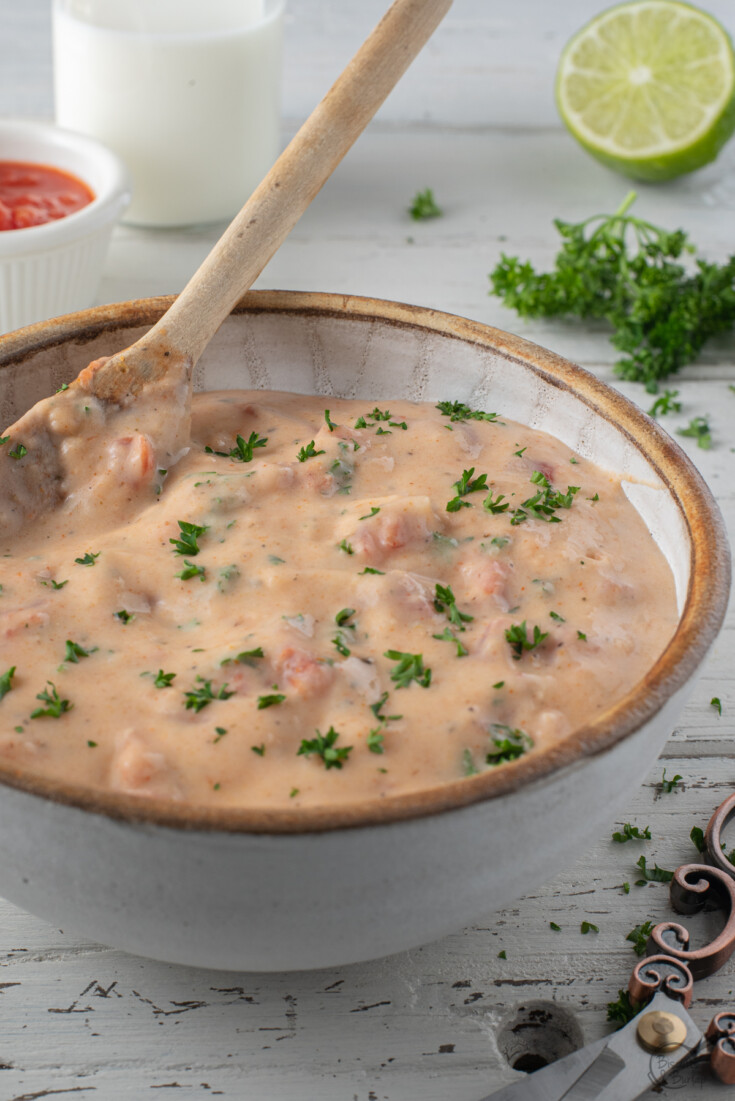 bowl of creole cream sauce with spoon.