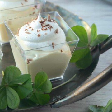 Mudslide Pudding Shot in square glass on a silver tray with chocolate shavings on top