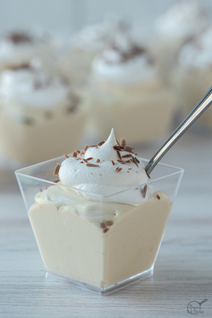 Mudslide Pudding Shot with Bailey's in square glass with a spoon.