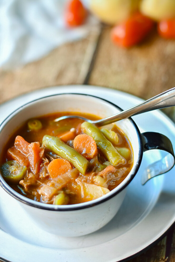 southern vegetable beef soup with okra in cup