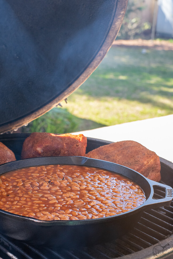 smoker beans with bbq pork on smoker