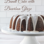 pin image of banana bundt cake with bourbon glaze.