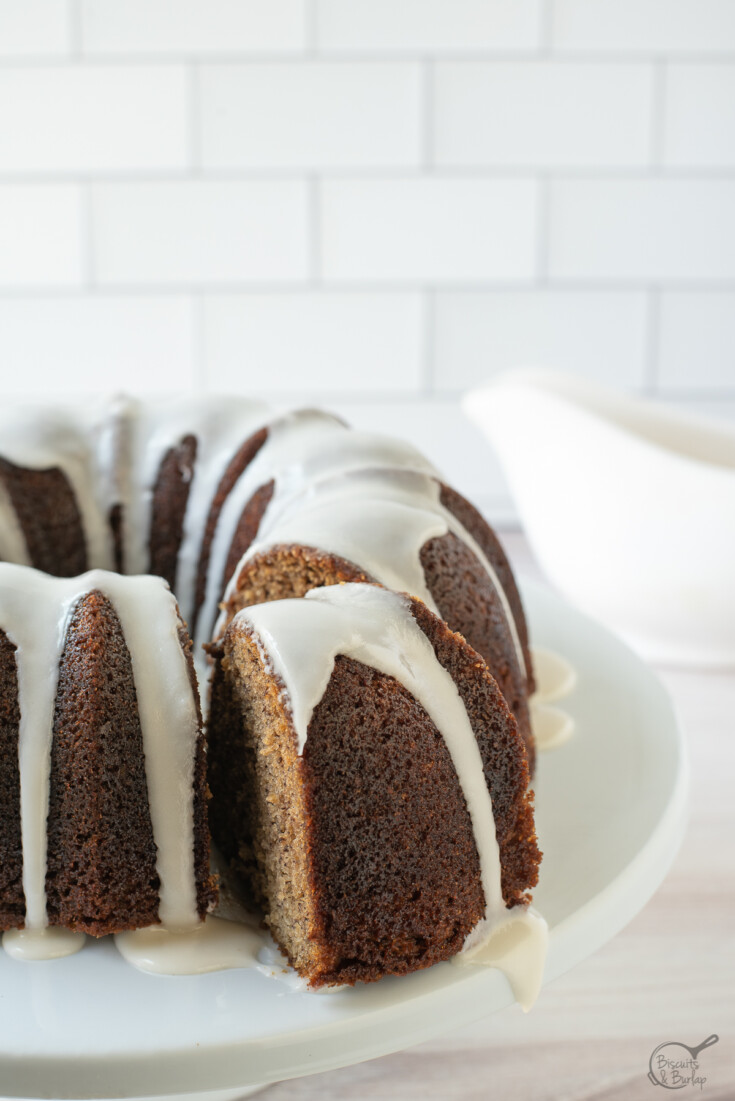 piece of bundt cake about to be served.