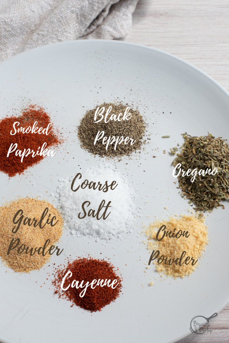 plate with labelled spices to make grilled blackened chicken.