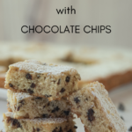 pin image of chocolate chips scattered around bars