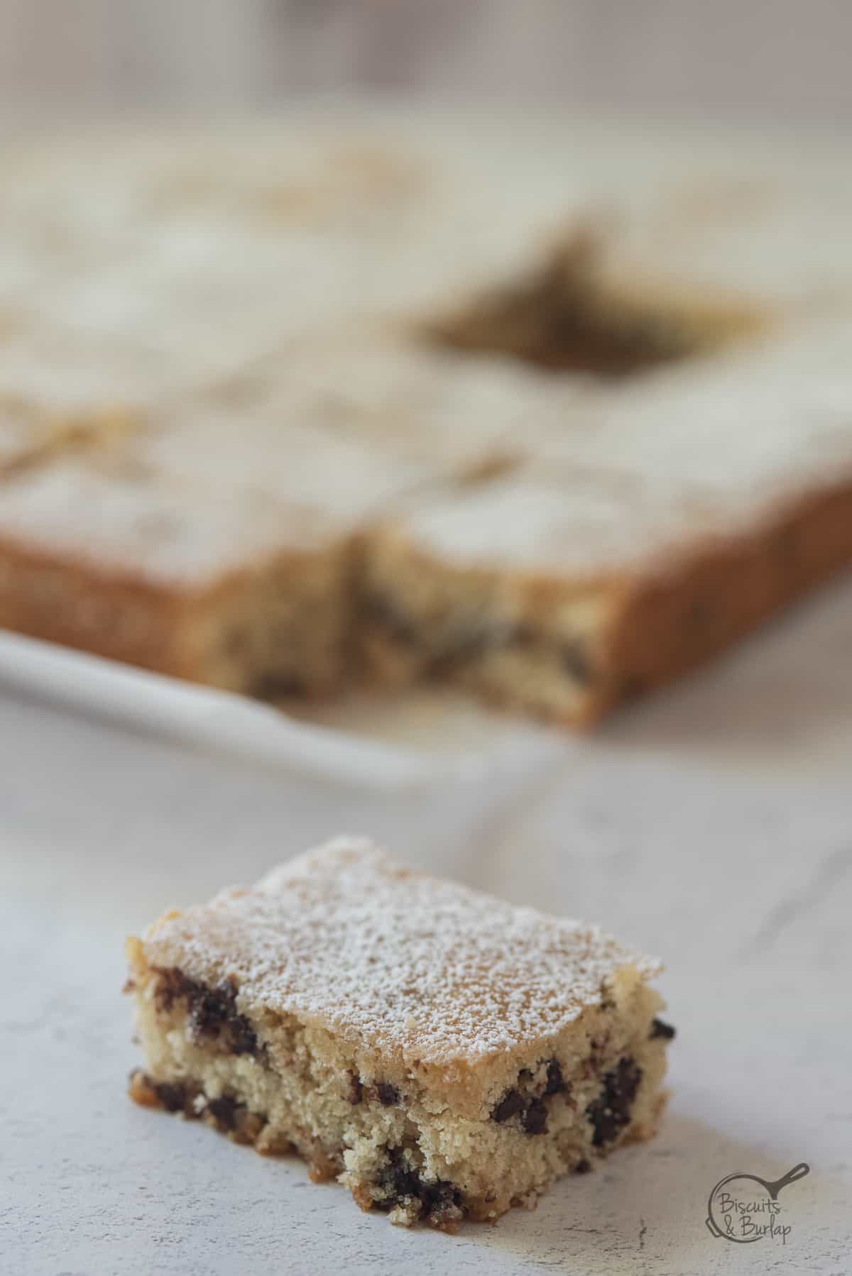 one buttermilk bar with chocolate chips and more behind. 