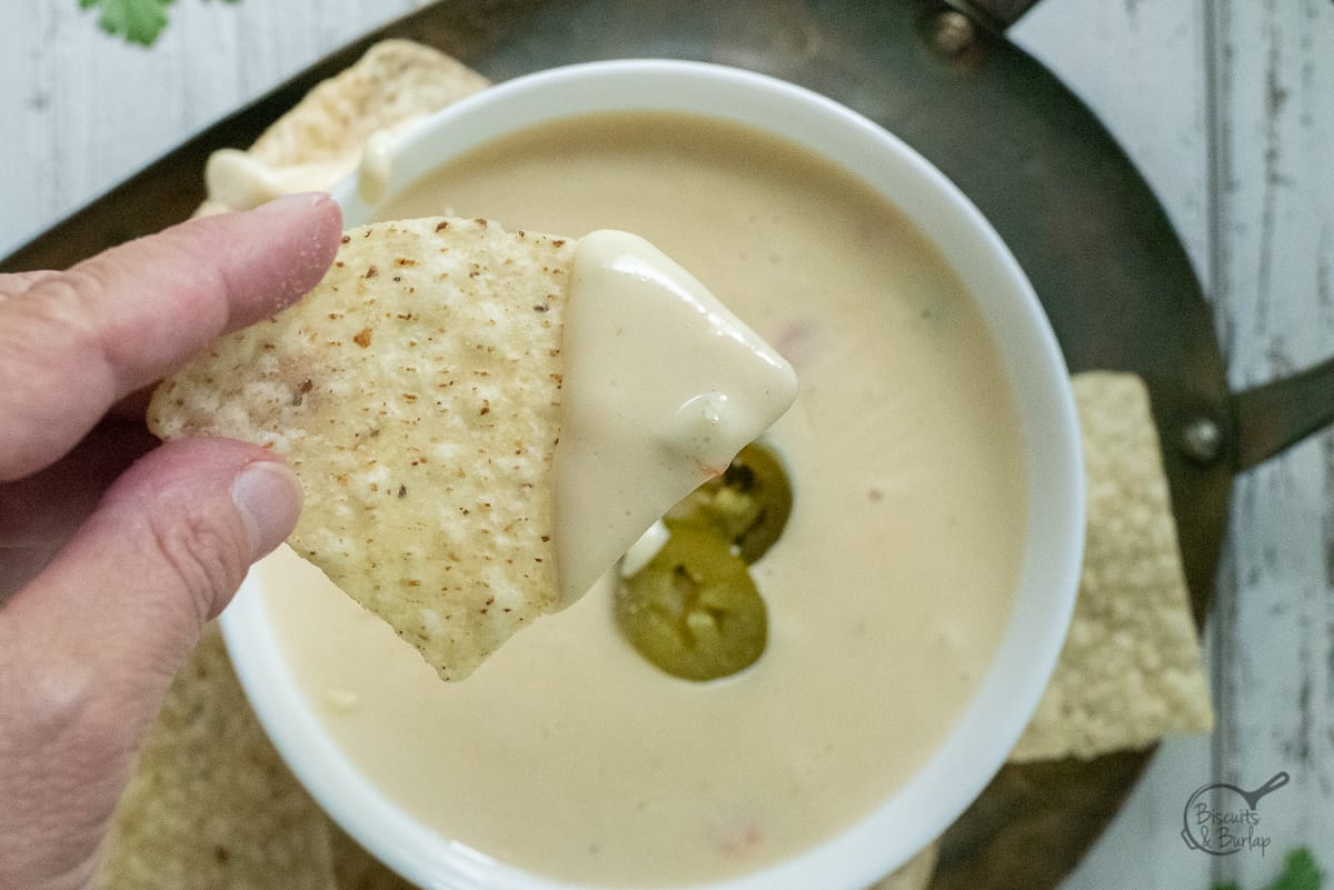 chip dipped in queso dip. 