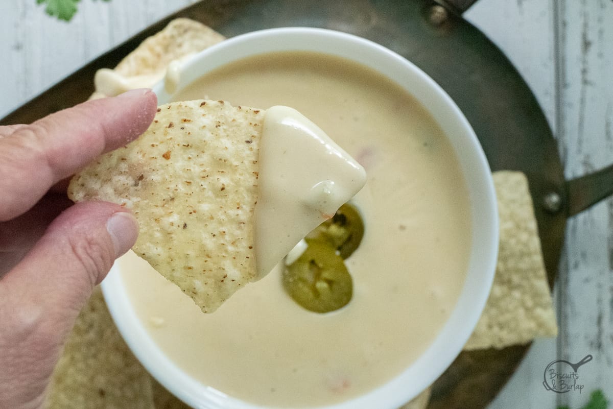 chip dipped in queso dip.
