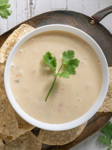 bowl of white queso dip with chips.