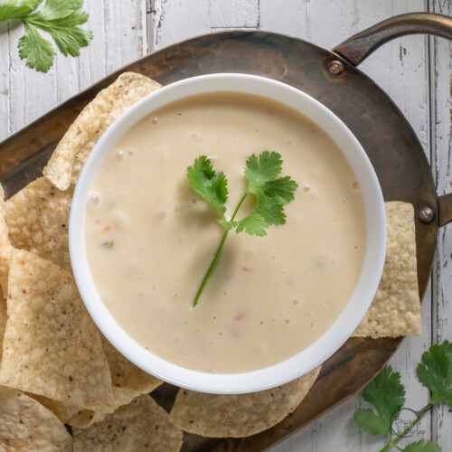 bowl of white queso dip with chips.