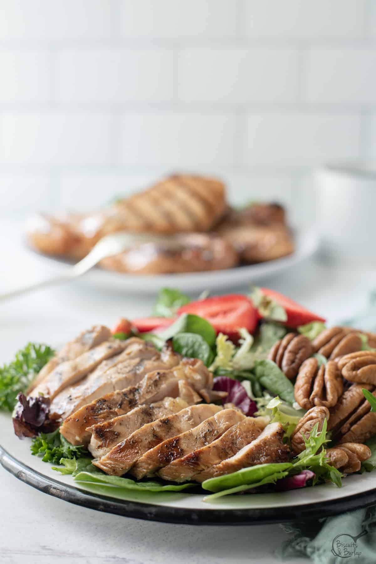 grilled chicken for salad on top of salad.