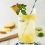pineapple mojito with blue and white straw and fresh mint and pineapple on the rim