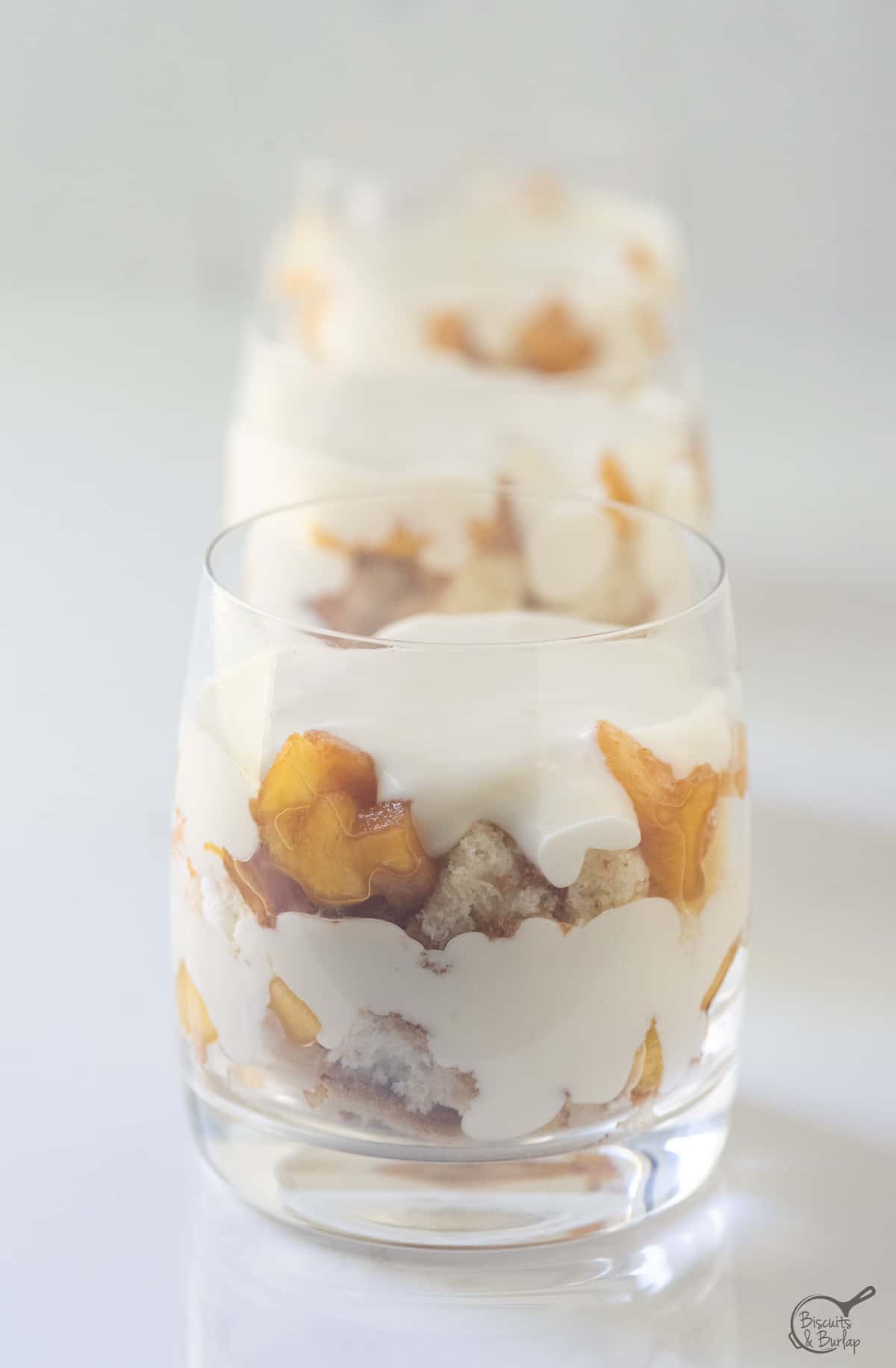 row of 3 peach trifles, mini size.