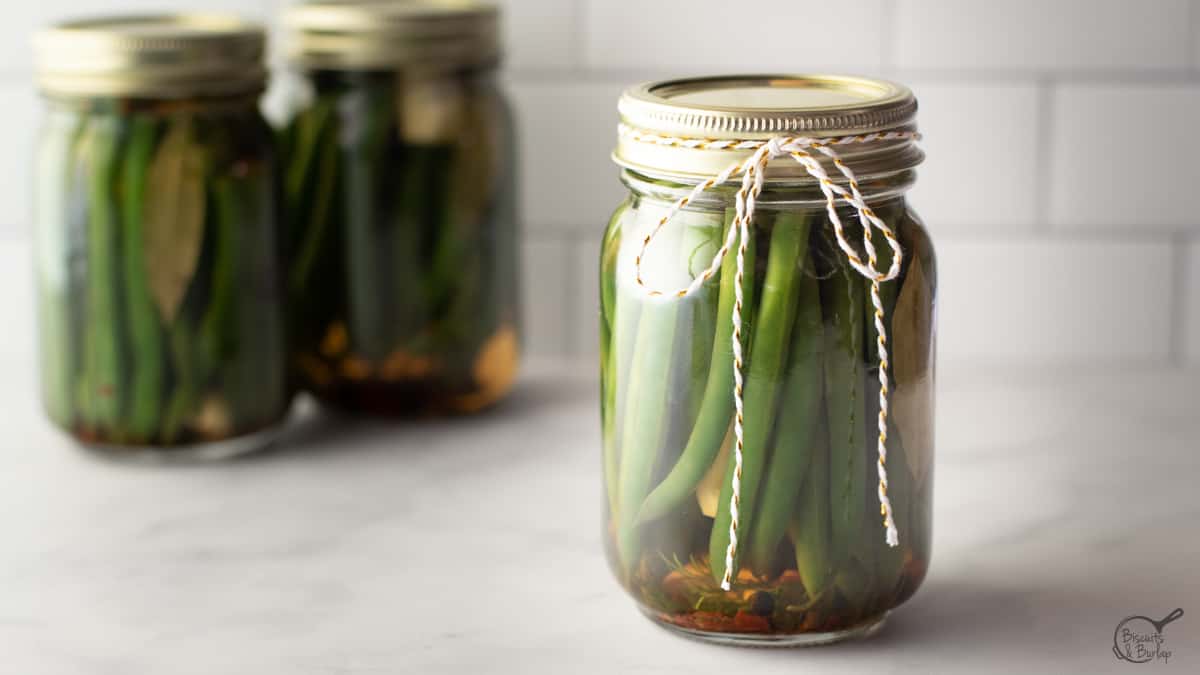 horizontal image of 3 jars of pickled green beans.