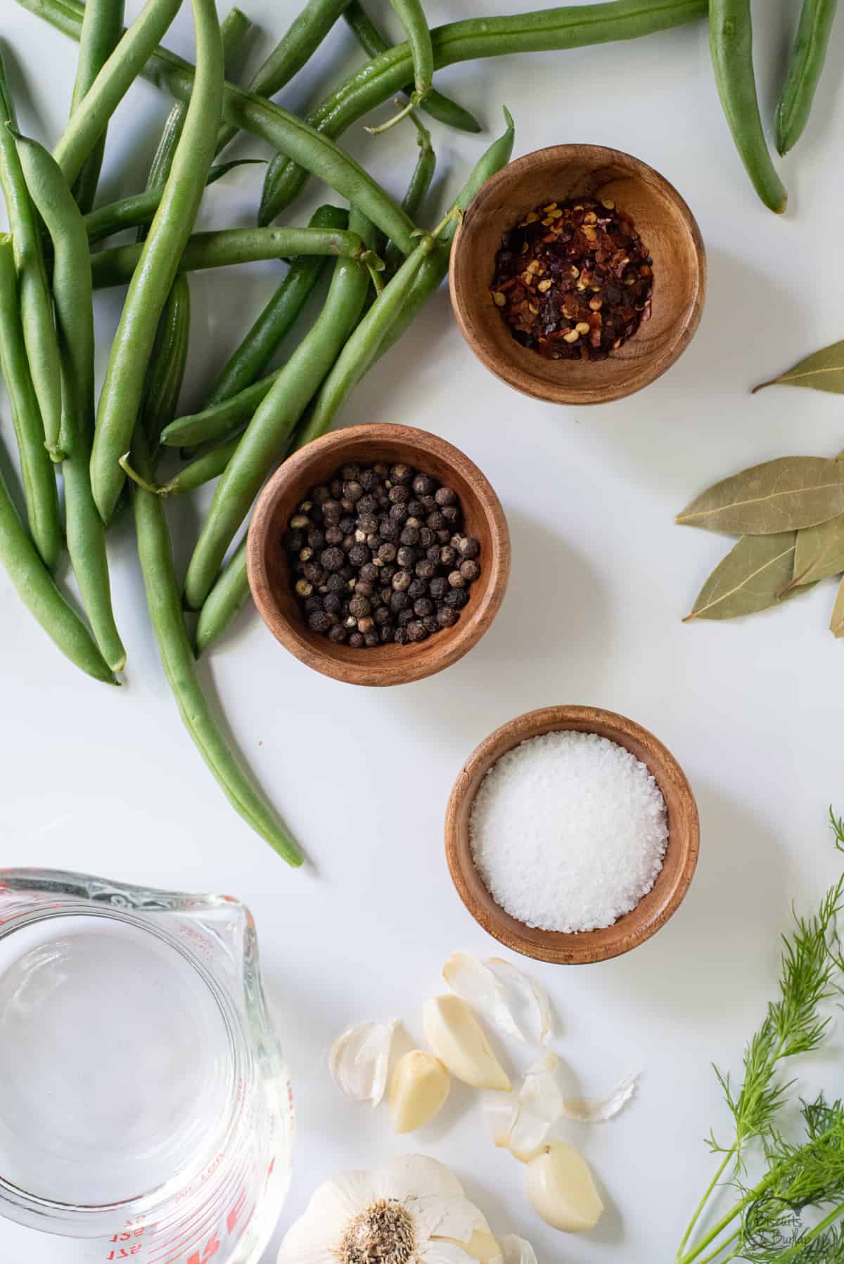 overhead shot of ingredients for pickled green beans.