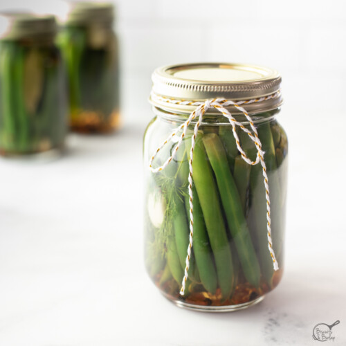 square image of pickled green beans in jar.