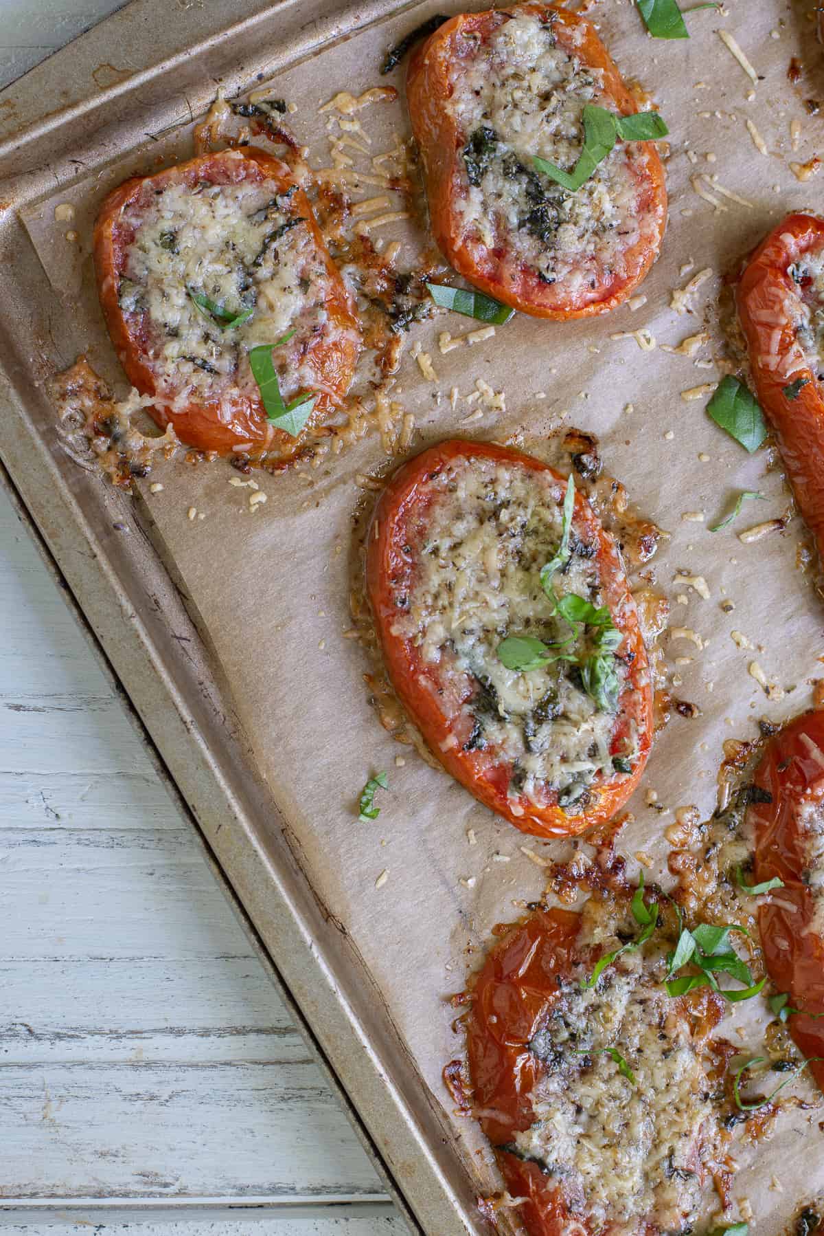 Baked tomato slices with parmesan on baking sheet with white wood background