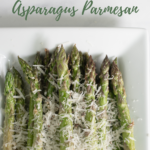 Air Fryer Asparagus Parmesan on white dish with text overlay with recipe title