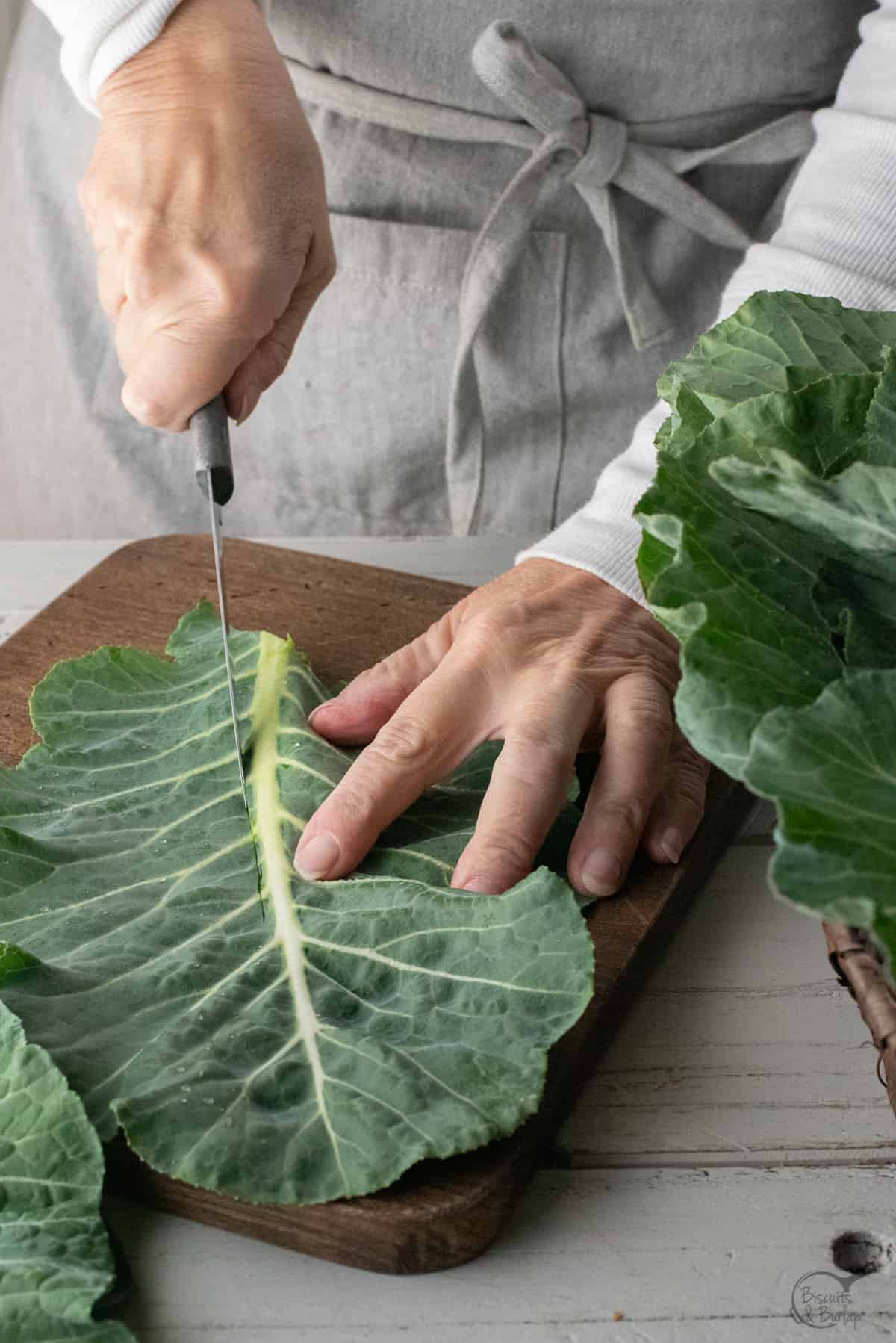 one collard leaf on board and woman cutting with knife.