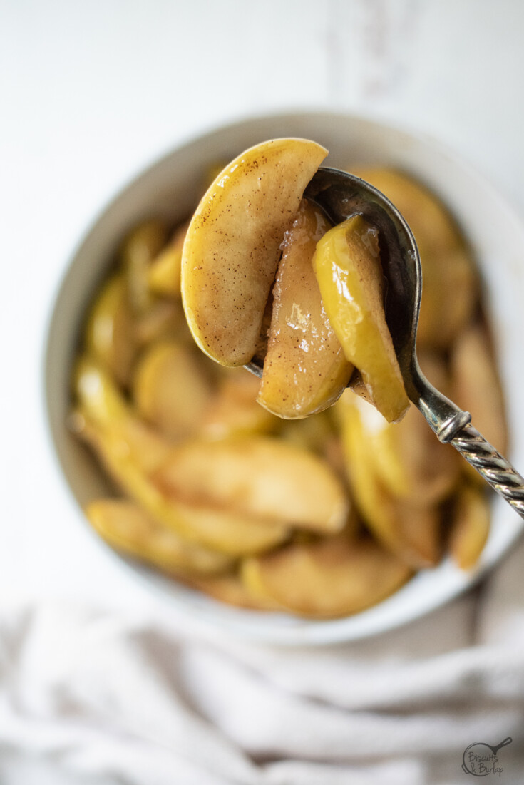 close up of spoonful of fried apples