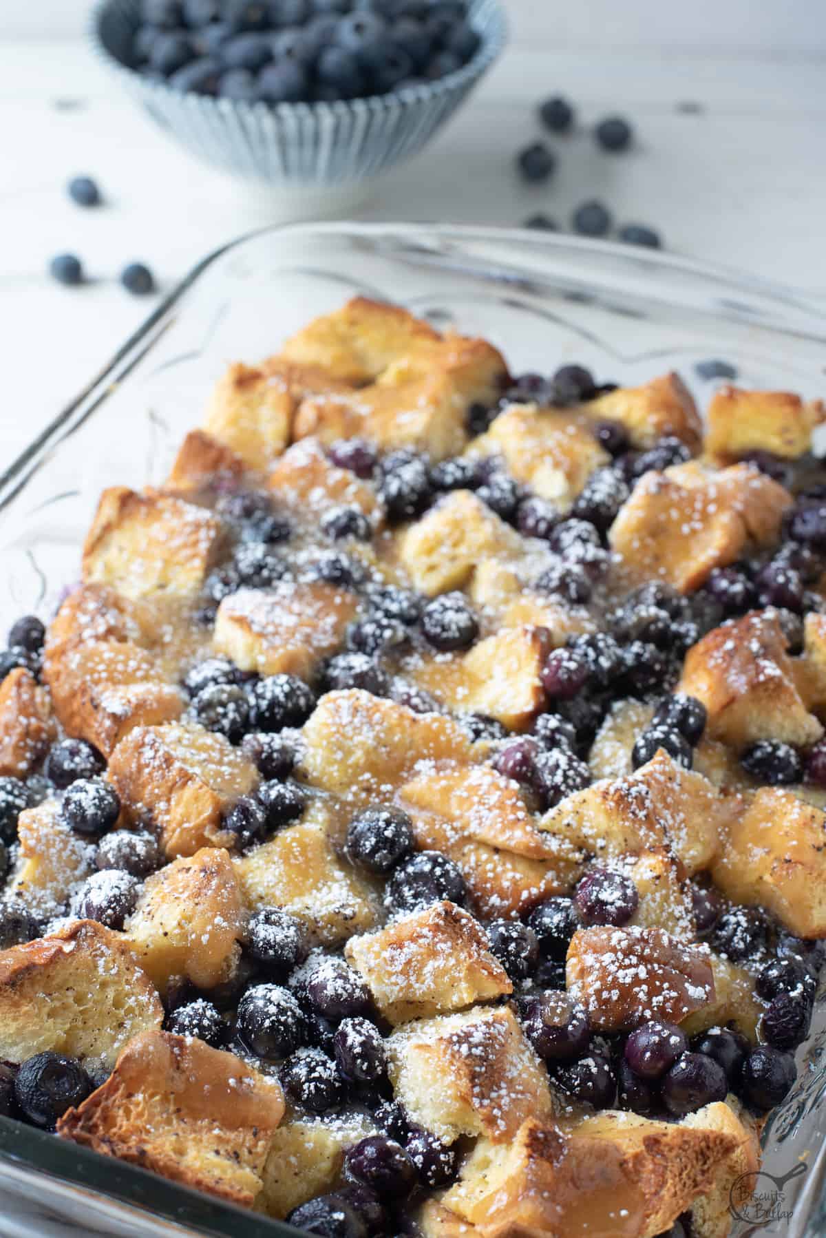 dish or brichoe french toast casserole with blueberries