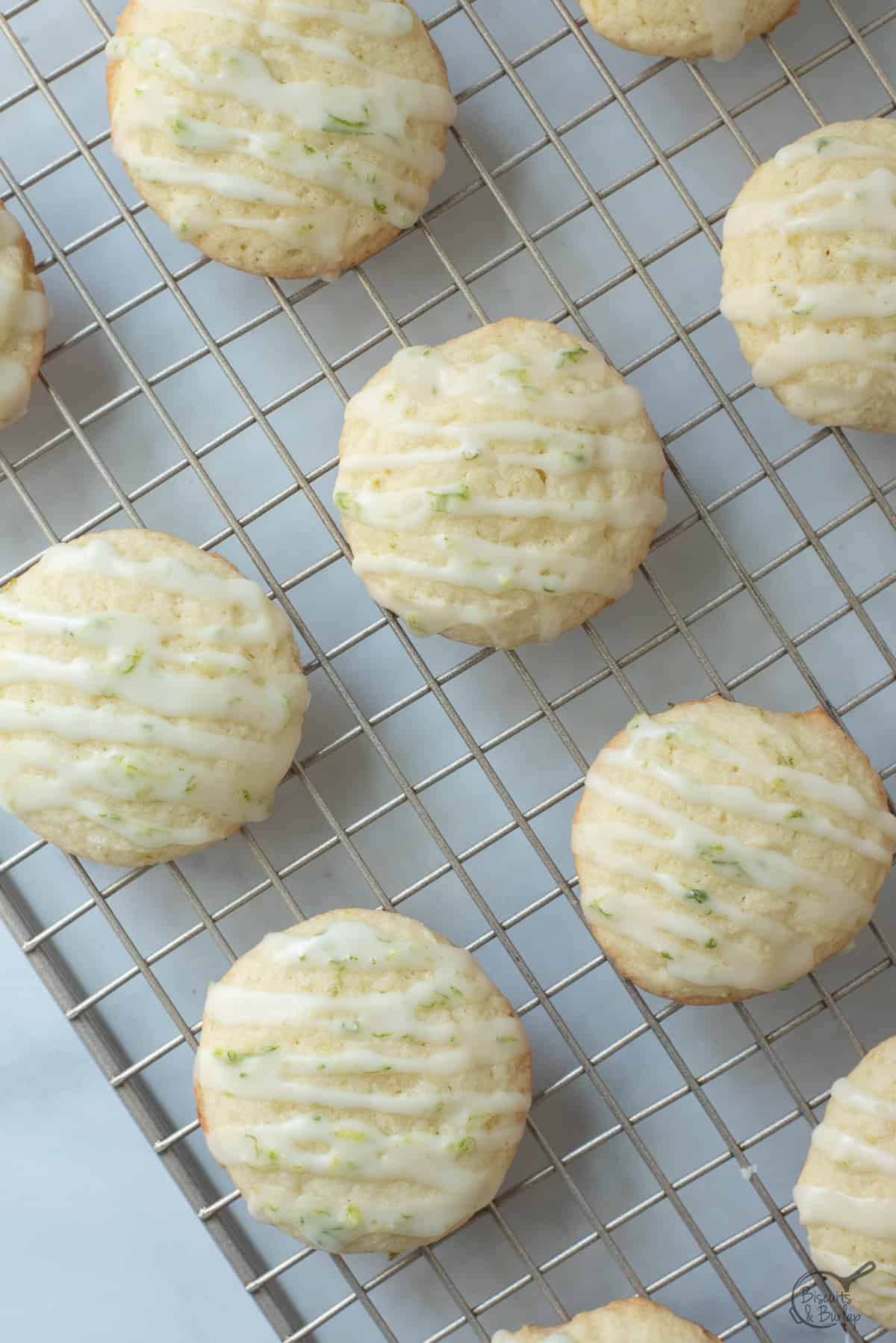 lime cookies on cooling rack.