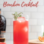 pin image of bourbon cocktail with blood orange and garnishes.